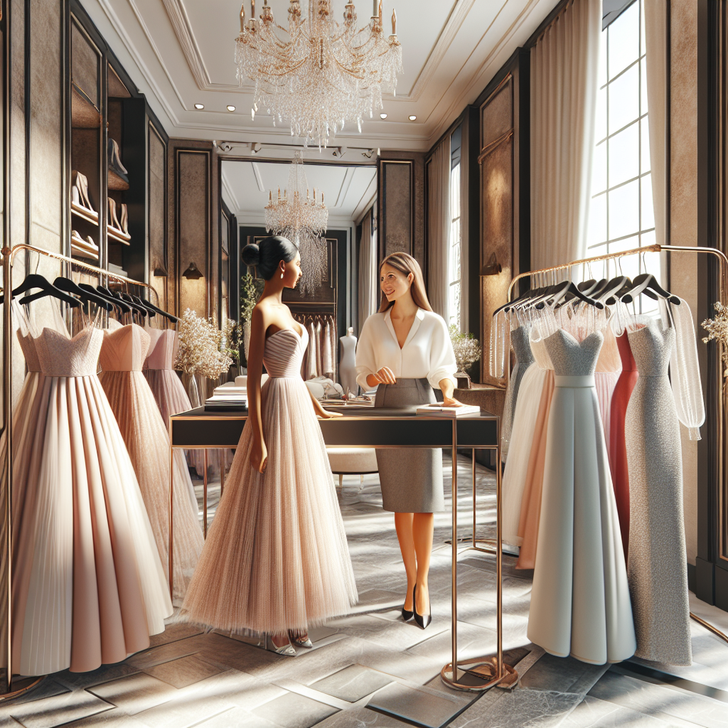 Find Exclusive Wedding Guest Dresses Effortlessly Imagine an opulent scene at a high-end boutique. Detailed racks are gracefully displayed, loaded with meticulously curated wedding guest dresses hanging gracefully. Dresses range in various styles from elegant evening gowns, to chic cocktail dresses in a plethora of colors showcasing the latest fashion trends. A helpful sales assistant, a young Caucasian woman with a professional demeanor, is assisting an excited customer, a black woman with enthusiasm glowing on her face. The boutique is adorned with stylish décor, enhancing the viewing experience. Luxurious fitting rooms embellish one side, and the sunlight streaming in through large windows highlights the beauty of the dresses.