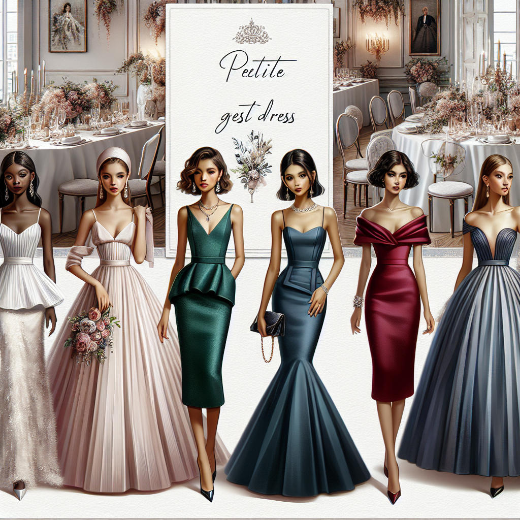 Discover Stunning Petite Wedding Guest Dresses A fashion-themed image displaying a range of luxurious petite wedding guest dresses. These dresses come in a variety of styles and colors including a delicate baby pink mermaid dress worn by a South Asian woman, a classy emerald green A-line dress shown off by a Middle-Eastern woman, a stylish navy blue sheath dress styled by a Black woman, and a chic ruby red ball gown modeled by a Caucasian woman. Background details include a tasteful arrangement of chic decor, an atmosphere of celebration, and hints of a grand wedding reception.