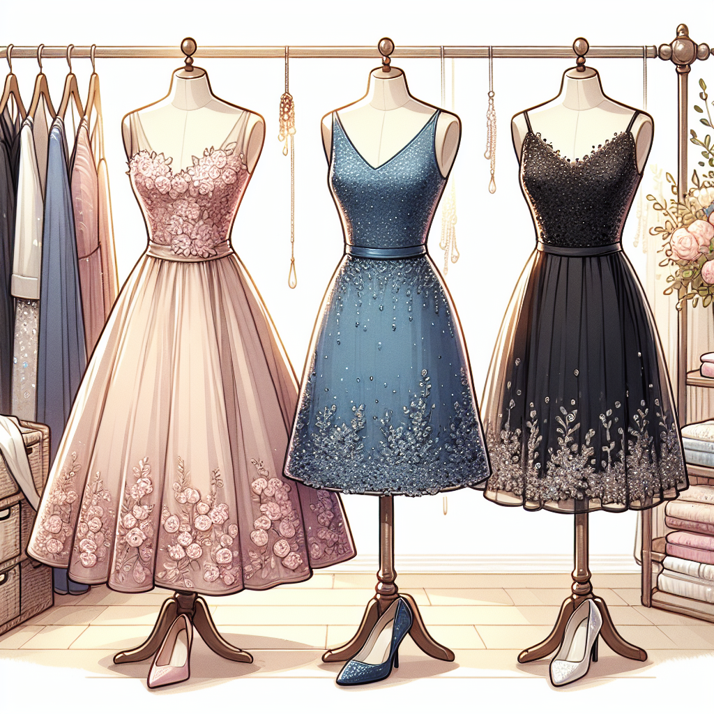 Discover Stunning Wedding Guest Dresses Nearby Produce an illustration consisting of three different wedding guest dresses being displayed in a charming boutique. The first dress on the left has a blush pink A-line silhouette; it's made of satin, with floral lace details. The middle dress is a sapphire blue sheath style with sequin embellishments; it exudes elegance and grace. The last dress on the right side is a classic black cocktail dress, paired with pearl accessories. Use soft, delicate lighting to enhance the boutique's cozy atmosphere and highlight the beauty of the dresses.
