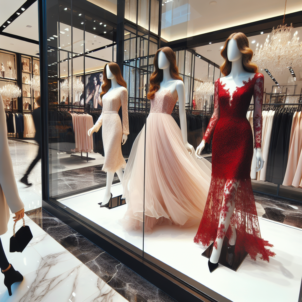 Imagine walking through a bustling mall filled with a variety of clothing stores. As you pass by a shop window, your eyes are drawn to the display of magnificent wedding guest dresses. There are three dresses in particular that stand out. The first is a flowing, chiffon dress in a soft blush tone. It's a blend of classic elegance with a modern twist. The second is a bold and vibrant, red lace dress that exudes confidence and chic. The last is a sophisticated, black velvet dress that screams luxury and class. Each dress is impeccably styled with matching accessories, giving potential buyers a sneak peek into the different styles they could embody.