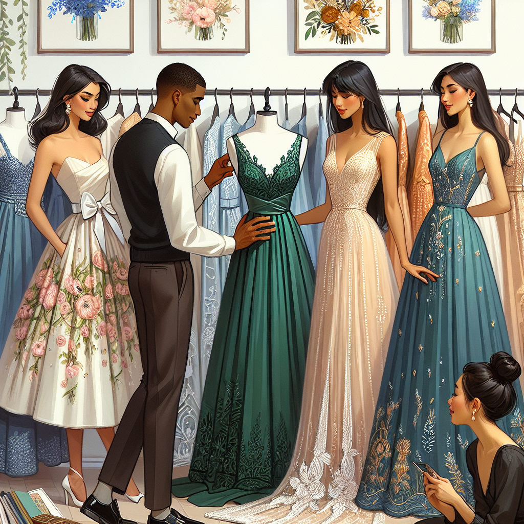 A display of various affordable wedding guest dresses in different styles, colors, and fabrics. On the left, a Hispanic woman is examining a soft, pastel-colored, knee-length dress, with delicate floral prints and a satin bow accent. In the center, a Black man is holding up a bold, emerald-green, long dress with intricate lace detailing. On the right, an Asian woman is holding up a chic, cream-colored, short dress with beautiful pearl embellishments. Coincidentally, a South Asian man nearby is also admiring a dress, a stunning deep blue, floor-length gown with golden embroidery. Each person's expression exudes satisfaction at finding these hidden affordable gems. Wall prints provide additional wedding-themed ambiance.