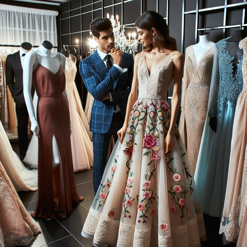 Order Stunning Wedding Guest Dresses Effortlessly A display of various stunning wedding guest dresses. In the forefront, let's see an elegant A-line dress with floral embroidery, worn by a White woman. Beside her, a Hispanic man in a complementary formal outfit admiring the dress. In the background, a mix of wedding guest attires in different styles and colors worn by people of different descents like Middle-Eastern, Black, and South Asian are showcased. Every outfit embodies elegance and tasteful fashion. The ambiance should be of an up-scale boutique, with good lighting, mirrors, and classy decor around.
