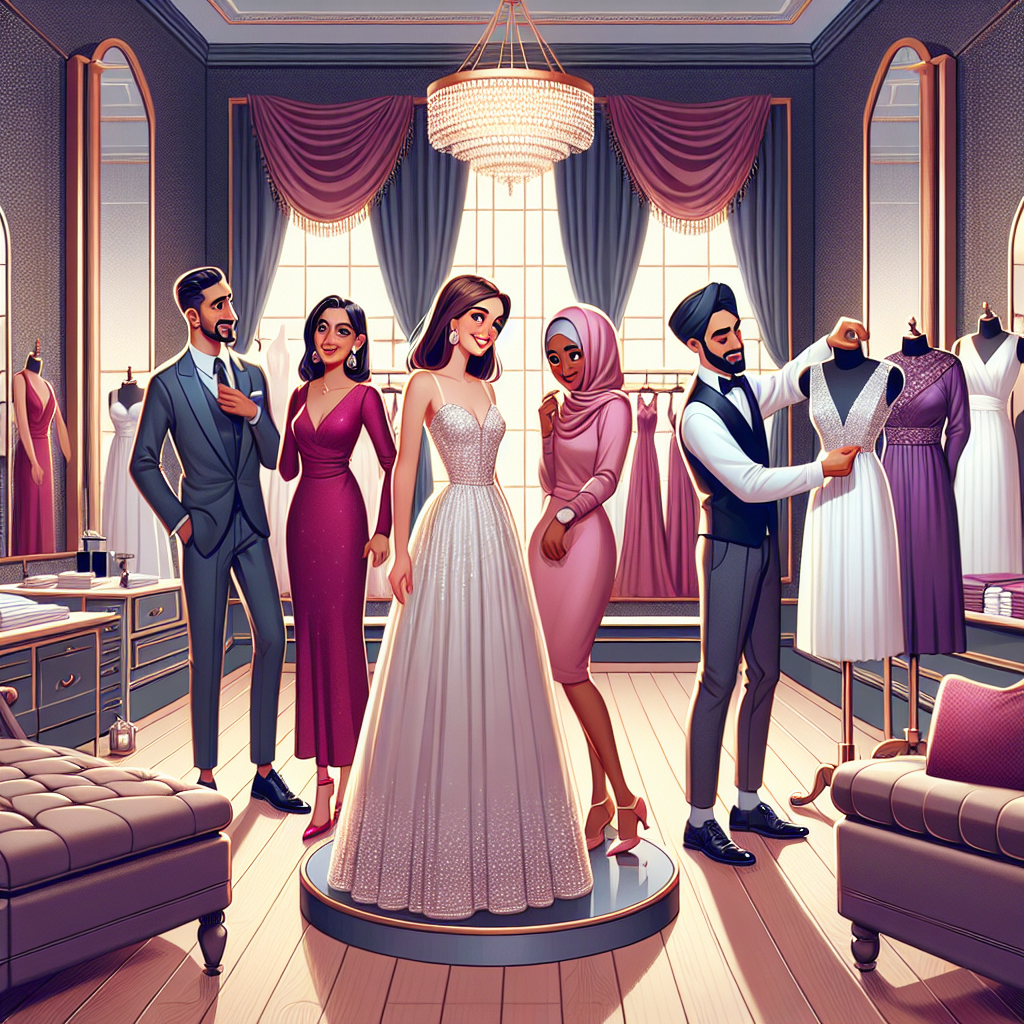 Discover Stunning Wedding Guest Dresses to Rent Design an illustration for an article about renting striking wedding guest dresses. Set the scene inside a sumptuous, softly-lit boutique, with stylish dresses of various cuts, styles, and colors displayed on lustrous mannequins. In the center, portray a South Asian woman and a Black woman as they excitedly try on elegant dresses, excited at the prospect of attending a grand wedding. In the background, highlight a Middle-Eastern man, possibly the shop owner, expertly adjusting a dress on a white mannequin. Sprinkle the scene with details, like ornate mirrors, hardwood floors, and plush velvet curtains.