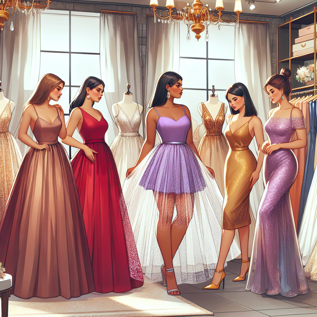 Discover Stunning Wedding Guest Dresses Here Imagine an array of beautiful wedding guest dresses showcased in an elegant boutique for an upcoming article. In this scene, there are a variety of dresses in unique styles and colours to suit different body types and personal styles. On the left, a plus-sized Middle-Eastern woman gracefully tries on a flowy garnet red A-line dress. In the centre, a tall, athletically built Hispanic woman is examining a lavender lace cocktail dress with a sense of deep interest. To the right, an Asian lady with petite stature is delighted with her shimmering golden sheath dress. The entire setting radiates a sense of joy, celebration, and elegance.