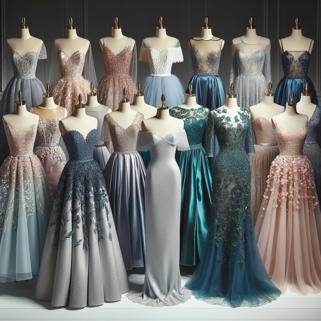Find Stunning, Affordable Wedding Guest Dresses! Imagine an array of elegant and affordable wedding guest dresses. Envision dresses of different styles: A-line, off-shoulder, mermaid, and knee-length, utilizing a variety of fabrics such as satin, lace, and chiffon. These dresses should range in shades and colors such as metallic silver, deep blue, soft pink, and emerald green. Each dress is adorned with intricate details such as beading, sequins, or floral patterns. They are laid out gracefully on individual mannequins, creating a striking display of affordable luxury and style, perfect for any wedding guest.