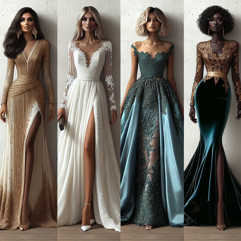Discover Stunning Wedding Guest Dresses Here! Imagine an array of four dazzling wedding guest dresses. The first dress is modeled by a Middle-Eastern woman, with an exquisite floor-length gold sequin dress with a slit up the side. The second dress is displayed on a Caucasian woman, showcasing a chic pure white cocktail dress with intricate lace detailing. The third dress is adorned by a South Asian woman, a stunning teal silk dress that cascades to the floor, complemented by beautiful gold embroidery. Lastly, the fourth dress is flaunted by a Black woman, a glamorous deep burgundy velvet dress with an elegant asymmetrical hem. Each dress is unique in its own right, reflecting the individual styles of these diverse representations of women.