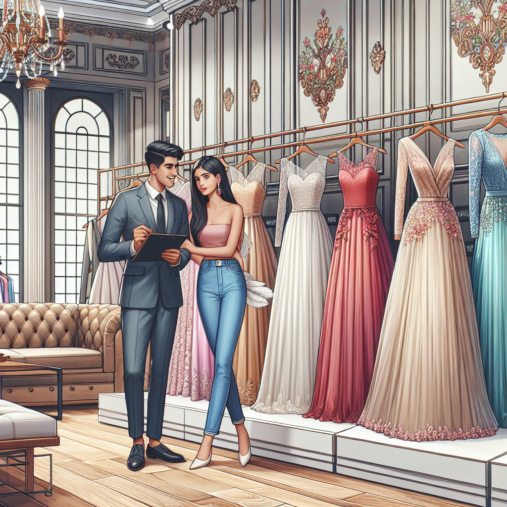A visual representation of a variety of beautifully designed wedding guest dresses hanging elegantly in an upscale boutique shop. The interior should be tastefully decorated, featuring ornate details that give it a luxurious feel. The dresses should range in styles, from classic to modern, and diverse in colors, from pastels to vibrant hues. Next to these dresses, an enthusiastic shop assistant, a South Asian man, is helping a young Hispanic woman who is looking to find the perfect outfit for an upcoming wedding. A communal fitting room is subtly visible in the background.