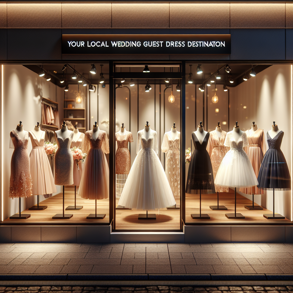 Find Stunning Wedding Guest Dresses Nearby Now! Visualize a scene depicting a chic boutique displaying various dresses ideal for wedding guests. It's neatly organized with mannequins of different descents and genders each wearing unique and stunning dresses. The store has glass walls on three sides, allowing passersby to have a wide glimpse of the fashion inside. Each dress displays a unique style - some are long and flowing, while others show off modern cuts. The store sign outside reads 'Your Local Wedding Guest Dress Destination'. Warm, inviting lights illuminate the dresses, highlighting their beauty.