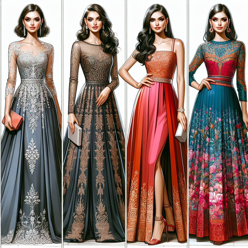 Create a vivid scene showcasing a collection of beautiful formal wedding guest dresses. The first dress should be an elegant floor-length gown adorned with intricate lace detailing, designed for a Caucasian woman. Next to it, feature a chic cocktail dress with a standout color, ideal for a Hispanic woman who loves to embrace her vibrant culture. Envision a stunning A-line dress with a bold print, just right for a Middle-Eastern woman who epitomizes style with a blend of tradition. Lastly, illustrate a sleek, minimalist sheath dress that captures the modern simplicity appreciated by a South-Asian woman.
