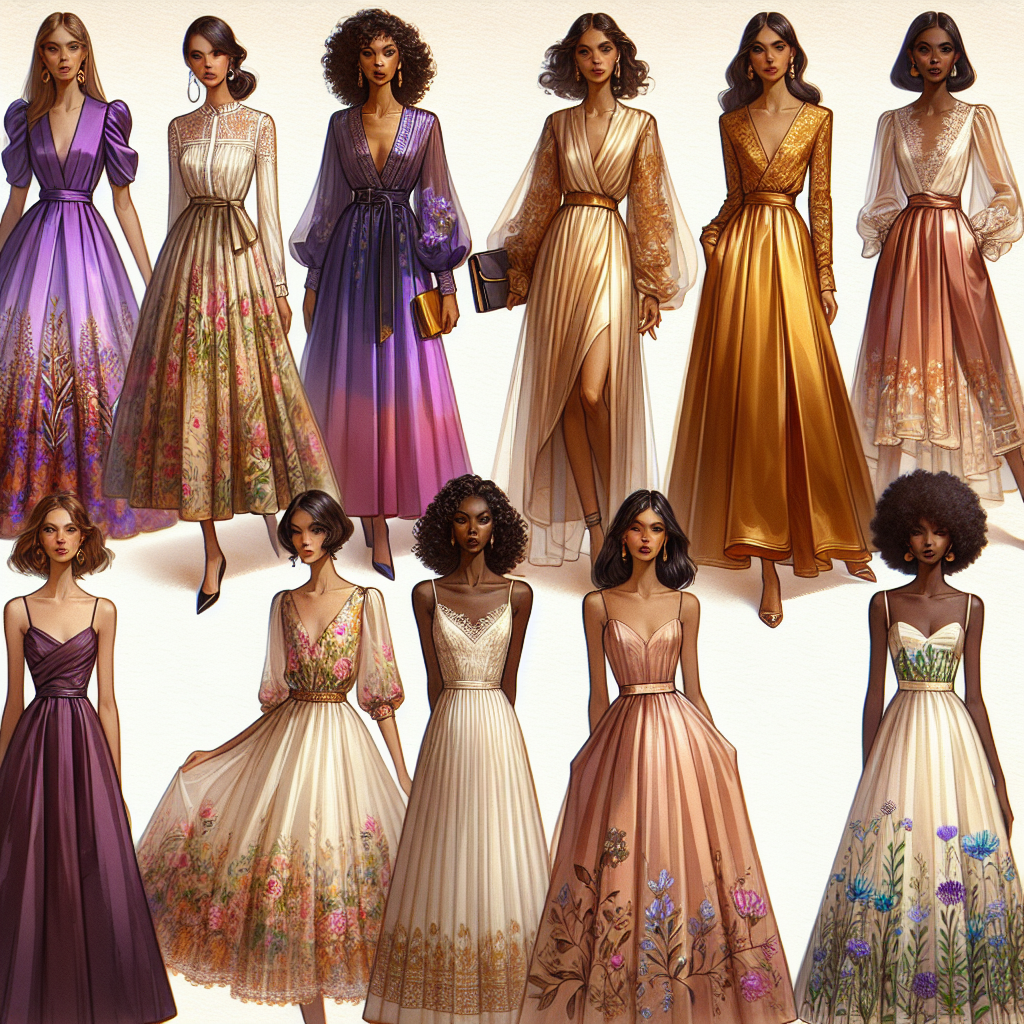 An array of must-have guest dresses for a wedding season, meticulously laid out against a serene palette. The first dress is a cocktail dress in vibrant hues of purple and gold, tailored to a middle-aged Middle-Eastern woman. The second is a long breezy dress encapsulating a boho-chic style for a young African woman. The third is a sophisticated satin gown in antique rose for an equally sophisticated Hispanic elder woman. The fourth is a spring-themed dress adorned with pastel floral prints for a South Asian teenager. Lastly, a timeless little black dress for a Caucasian woman in her early thirties.