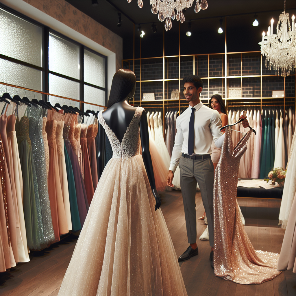 Imagine a well-lit, spacious boutique filled with racks of stunning wedding guest dresses. These dresses come in a variety of styles, from elegant gowns to chic cocktail dresses, in a range of soft pastels to deep jewel tones. There is a mannequin, dressed in a breathtaking lace number, that stands near a mirror, allowing viewers to visualize the complete look. Further in the background, a dark-skinned woman smiles, wearing a beautiful satin gown, enhancing the atmosphere of the boutique. To capture the essence of the personalized shopping experience, the shop assistant, an Asian man, is advising a Caucasian woman on a dress choice, lifting a sparkling sequined dress from a nearby rack.