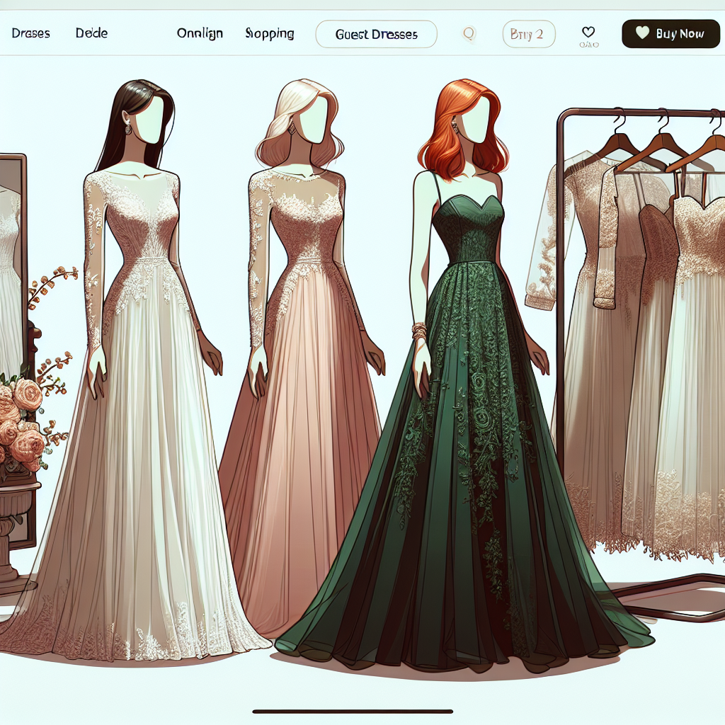 Create a collection of three guest wedding dresses displayed prominently on an online boutique, each with unique designs and materials. The first dress, worn by a Middle-Eastern woman, should be an elegant, long-sleeved chiffon dress in soft blush pink. The second dress, fitting a Caucasian woman, should be a mid-length, sleeveless satin dress in a stunning emerald green, complementing her red hair. The final dress, draped on a mannequin, should be a floaty, lace embellished number in a timeless champagne color. Surrounding the dresses are sales tags and a 'buy now' button, reflecting the online shopping context.
