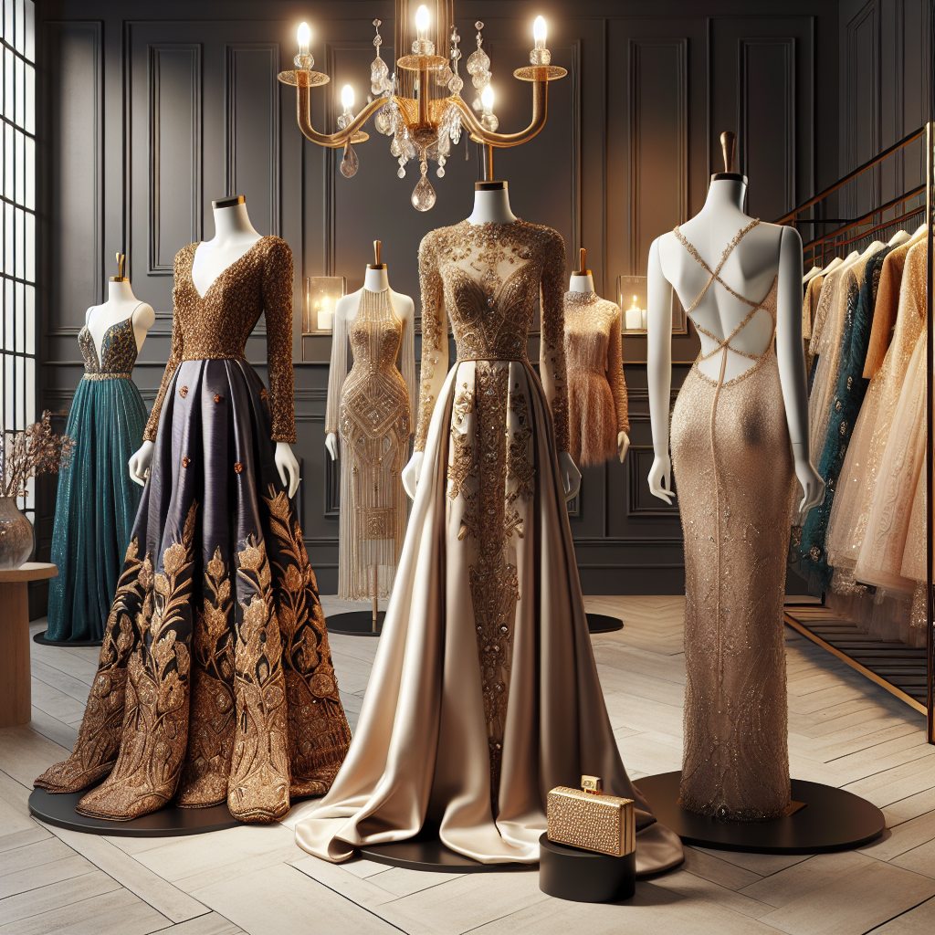 Exclusive Wedding Guest Dresses You Must See! Visualize an elegant indoor setting with a display of exclusive wedding guest dresses. Let's have a mannequin dressed in a unique South Asian inspired, golden embroidered deep purple satin dress. Another mannequin displays a sleek, modern gown in a champagne shade with a flowing silhouette, inspired by European fashion. The third one depicts a Middle-Eastern style turquoise dress with intricate beadwork and sequins. Lastly, imagine a classic black tie event gown, in backless style, adorned with lace, inspired by American fashion. Have a range of accessories like jewellery and clutches nearby, completing these alluring looks.
