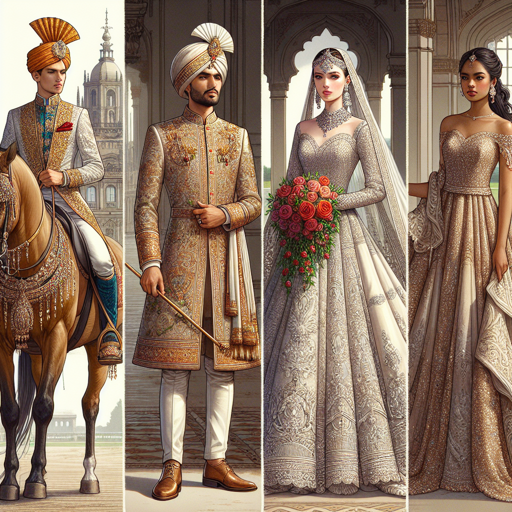 Create a detailed image showcasing a variety of stunning wedding attires. On the left, a South Asian groom on his horse, clad in a richly embroidered sherwani, a turban adorned with jewels, and traditional shoes. In the center, a Hispanic bride wearing an elaborate white gown with lace detailing, a long train, and carrying a bouquet of red roses. On the right, a Black bridesmaid in an elegant champagne-colored dress with a sweetheart neckline and sequin detailing. Modifier: have a historical palace for the grand ambiance, adding a touch of royal elegance.