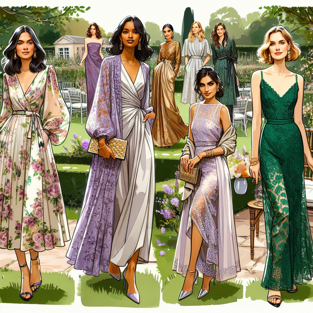 Stunning Wedding Guest Dresses: Find Your Perfect Match Imagine attending a garden wedding. Half a dozen guests are milling about, enjoying the beautiful day. Each guest is uniquely attired in stunning wedding guest dresses that exude elegance and style. One woman of Hispanic descent wears a chiffon floral-print midi dress with flutter sleeves. Another woman, who is Black, looks timeless in a floor-length silk dress in a gorgeous lavender hue. A South Asian woman complements her sari with a gold-embroidered bolero jacket. There's also a Middle-Eastern woman radiant in an emerald green lace cocktail dress. Finally, a White woman and a woman of East Asian descent stand together, the former in a chic jumpsuit, the latter in a lively polka dot dress. The fashion choices are as diverse as the women themselves, showcasing everyone's personal style.