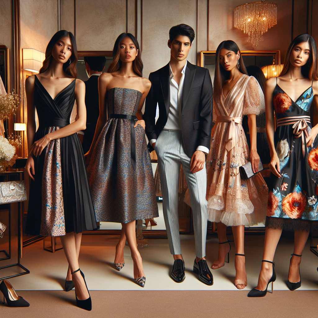 A curated showcase with a variety of elegant dresses suitable for wedding guests. The collection includes a midi length classic black dress on an East Asian woman, a cocktail dress on a Middle Eastern man and a floral summer dress on a Hispanic woman. A South-Asian man models in a sleek silk suit. The setting is a chic boutique with warm lighting, a large mirror on one side reflecting all the outfits. Each attire showcases unique fabric cuts and patterns, representing a wide range of personal styles. Also, some trendy accessories like clutches & shoes complement the outfits.