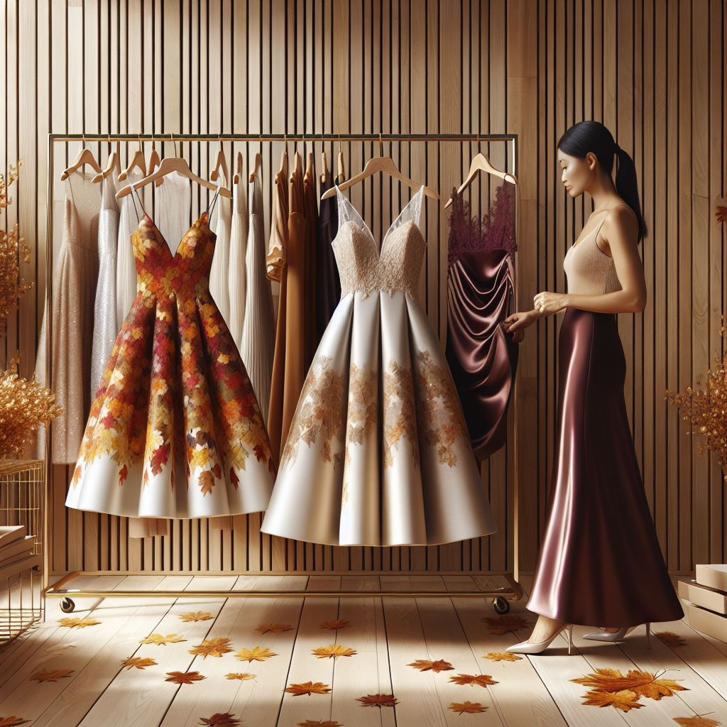 Master Fall Wedding Guest Dresses: Effortless Guide Imagine a scene in an upscale boutique during the autumn season. On a birch wood rack, hang three stunning wedding guest dresses, each perfected for a fall wedding. The first dress is a knee-length A-line with radiant autumn leaves pattern. The second, a mid-length dress with elegant lace details flaunting warm colors of the fall palette. The third, a satin maxi dress in deep burgundy. An Asian woman boutique owner is adjusting the displays while a Hispanic woman is admiring the collection. Include golden fall leaves scattered on the wooden floor for an added touch of season.