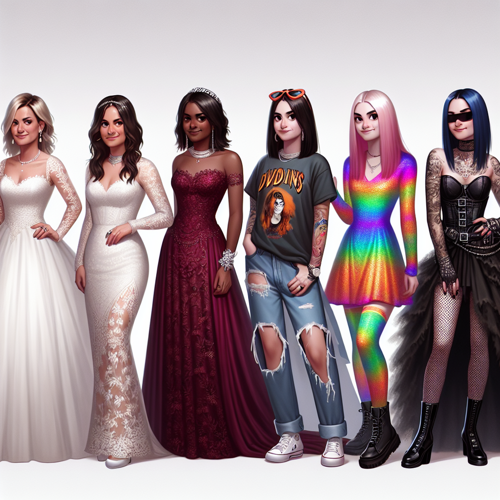 Must-Avoid Guest Dresses for Perfect Wedding Etiquette Visualize a selection of five different women, each of a unique descent which include Caucasian, Hispanic, Black, Middle-Eastern and South Asian, wearing various guest dresses that are considered breaches of wedding etiquette. Portray the first woman wearing a white lace dress, the second one wearing an overly embellished maroon gown, the third one in blatantly casual jeans and t-shirt, the fourth one in a loud neon mini dress, and the fifth woman in a gothic black dress. All the women have a confused or inappropriate expression as they are clearly out of place in the respectfully decorated wedding background.