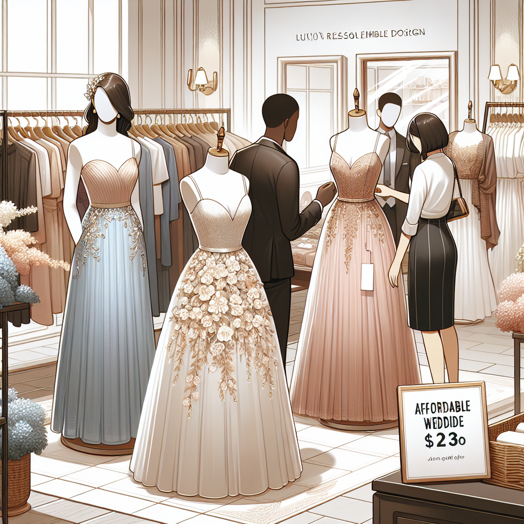 A retail scene depicting a range of affordable wedding guest dresses on mannequins. The dresses vary in style, color, and design to cater to diverse personal tastes. They should appear elegant and chic, suitable for a joyous wedding ceremony. The background could include a boutique store, with racks of clothes, mirrors and a fitting room visible. A tag on one dress displays an attractive, reasonable price. An Asian female shop assistant is helping a Black male customer to choose a dress. Please ensure a feeling of affordability with luxe appeal in this image.