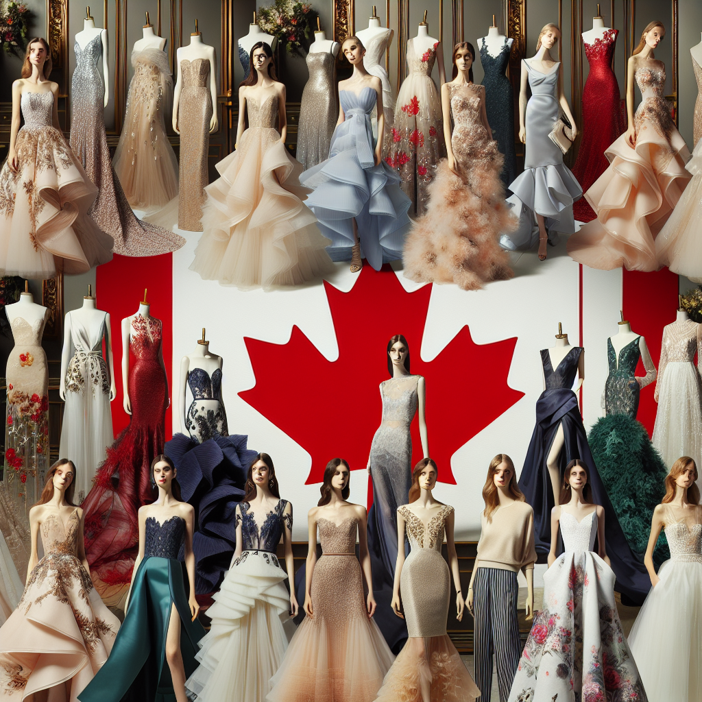 Find Stunning Wedding Guest Dresses in Canada A beautiful collage displaying a variety of stunning wedding guest dresses. They are situated on a backdrop which subtly indicates a Canadian influence, perhaps through faintly incorporated symbolism like maple leaves or colors of Canada's flag. There's a diverse selection of designs ranging from elegant floor-length gowns to fashionable cocktail dresses. The dresses are shown on mannequins of varying sizes, encompassing a wide range of body types. Each piece has its unique detailing, highlighting the richness of fabrics and intricate embellishments that express a palette of traditional and modern sensibilities.