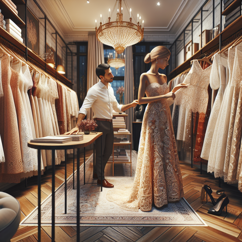 Find Stunning Wedding Guest Dresses Effortlessly A scene at a boutique specializing in wedding guest wear. It's elegantly organized with spacious, warm lighting. Racks upon racks are filled with stunning wedding guest dresses in a variety of styles, patterns, and sizes. A Caucasian woman sifts through the selection, a beautifully detailed lace dress in her hands. A Middle-Eastern man is assisting her, suggesting another breathtakingly embossed satin gown. Little details like a vintage chandelier, fitting rooms in the corner, and a sophisticated decor populate the shop, providing an overall effortless experience. Immerse yourself in this hassle-free dress discovery adventure.