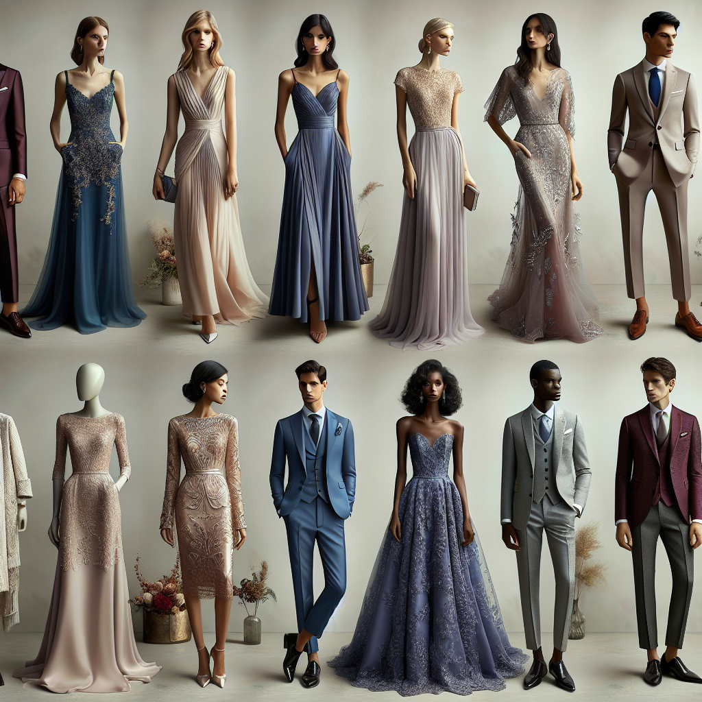 Stunning Wedding Guest Dresses: Effortless Elegance A display of various stunning wedding guest dresses highlighting effortless elegance. The dresses range in styles from tailored and simple to flowy and ornate, with balanced hues of pastels, rich blues, opulent reds, and classy neutral shades. In the mix, imagine a South Asian woman wearing a sleek blush-colored A-line dress, a Hispanic man in a deep-blue tailored suit with a matching tie, a Caucasian woman in a lavish lilac lace dress, and a Black man in a classic grey three-piece suit. Accents of tastefully chosen jewelry and chic accessories complement these outfits.