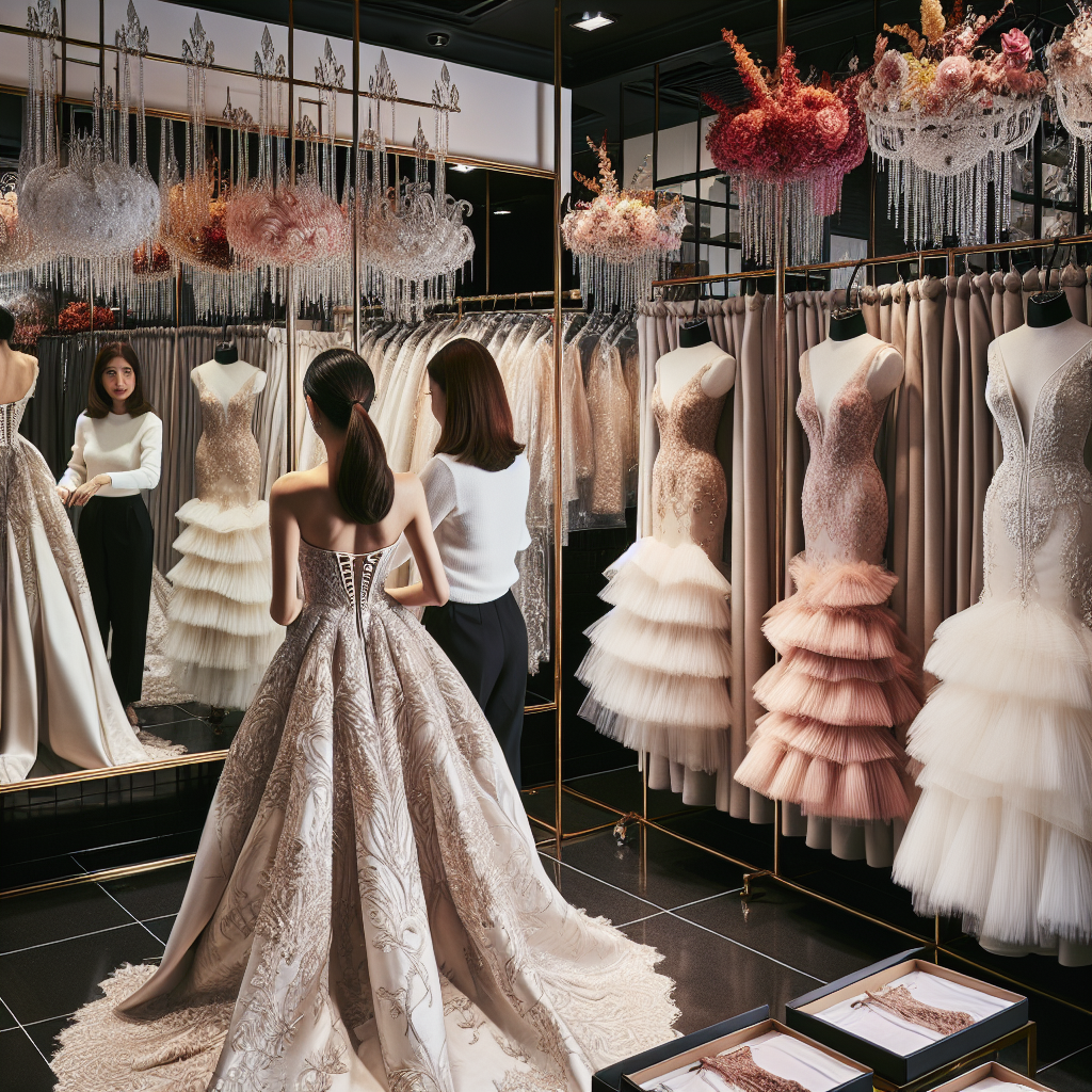 Find Stunning Wedding Guest Dresses in Manila An elegant shopping scene at a boutique in Manila specializing in wedding guest dresses. Display stands are organized with various styles of dresses, from masquerade-inspired gowns to romantic frilly pieces, all oozing a sense of luxury and sophistication. A Filipina customer with bustling energy is trying on a long, silky white dress with intricate embroidery. She stands in front of a large fitting room mirror, her reflection merging with the array of colors in the background. A Caucasian sales assistant, efficiently catering to her needs while adding another dress to the clothing rack.