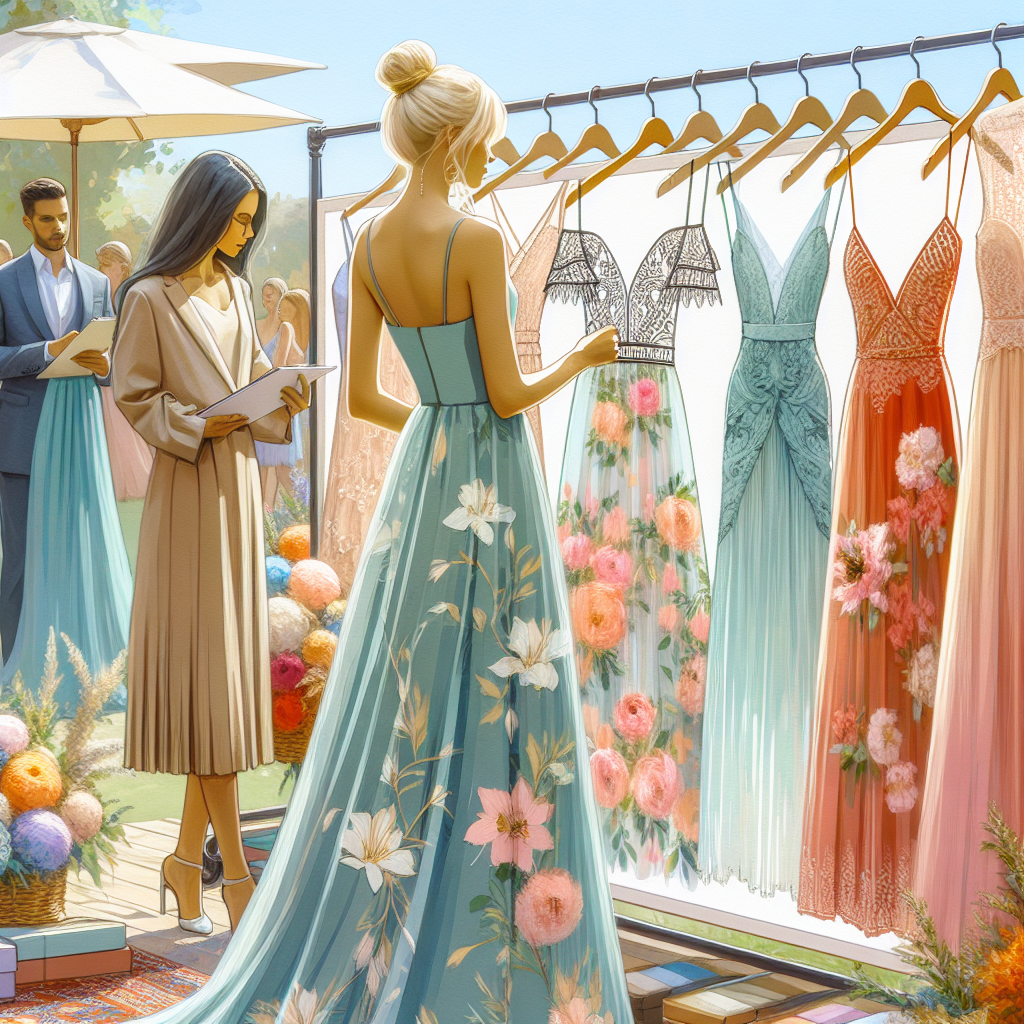 Find Stunning Summer Wedding Guest Dresses Here Bring to life a beautiful summer scene at an outdoor wedding. The focal point of the image is a display rack filled with wedding guests dresses. The designs vary but overall, they carry a vibe of elegance and sophistication. Both long and short pieces can be seen, featuring florals, pastels, and vibrant summer colors. The image should capture a variety of silhouettes suitable for people of all body shapes. In the background, a woman, Caucasian with blonde hair, is seen browsing through the dresses, while a South Asian man, possibly a store assistant, consults with her.