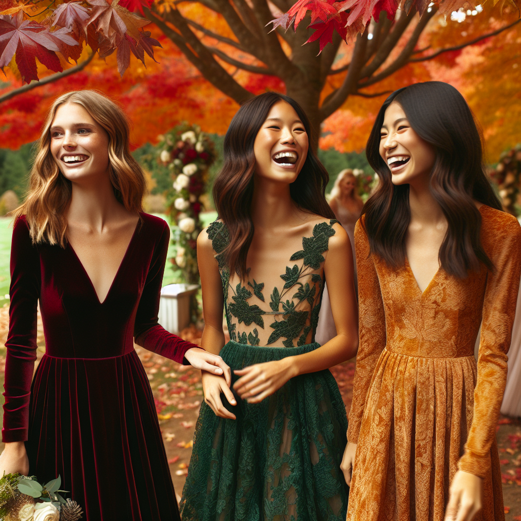 Stunning Fall Wedding Guest Dresses: Must-See Styles! Imagine a picturesque fall setting with leaves in hues of red, orange, and yellow. Envision three wedding guests, each donning beautiful dresses fitting for a fall wedding. One woman, of Hispanic descent, is wearing a dark green, velvet, knee-length dress. The second woman, Asian, is in a burgundy mid-length dress with lace detailing. The third woman, of Middle-Eastern descent, is wearing a long, elegant mustard-colored silk dress. They are laughing, engaged in cheerful conversation, encapsulating the joy of the wedding and the beauty of the fall season.