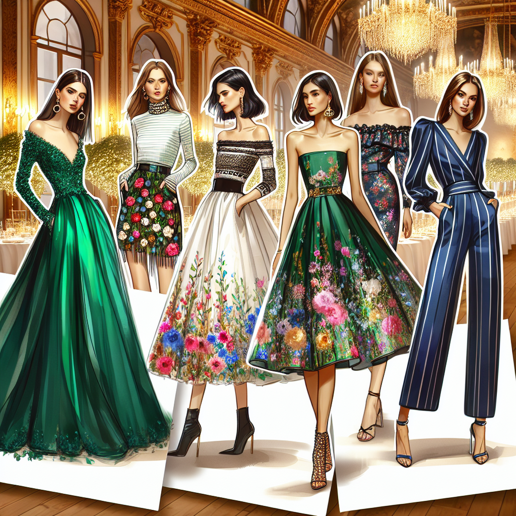 Discover Stunning Wedding Guest Dresses Now Imagine a vibrant fashion scene capturing a variety of distinct wedding guest dresses. Illustrate a spread of these apparel, containing an elegant long emerald-green gown worn by a Middle Eastern woman, a playful floral midi dress donned by an Asian woman, a sophisticated off-shoulder mini dress clad by a Black woman, and a chic navy-blue jumpsuit worn by a Caucasian woman. Make sure to highlight the uniqueness of each dress and the pride and joy that the women exude. Background can be a grand, well-lit ballroom with tasteful decorations, to enhance the celebratory atmosphere.