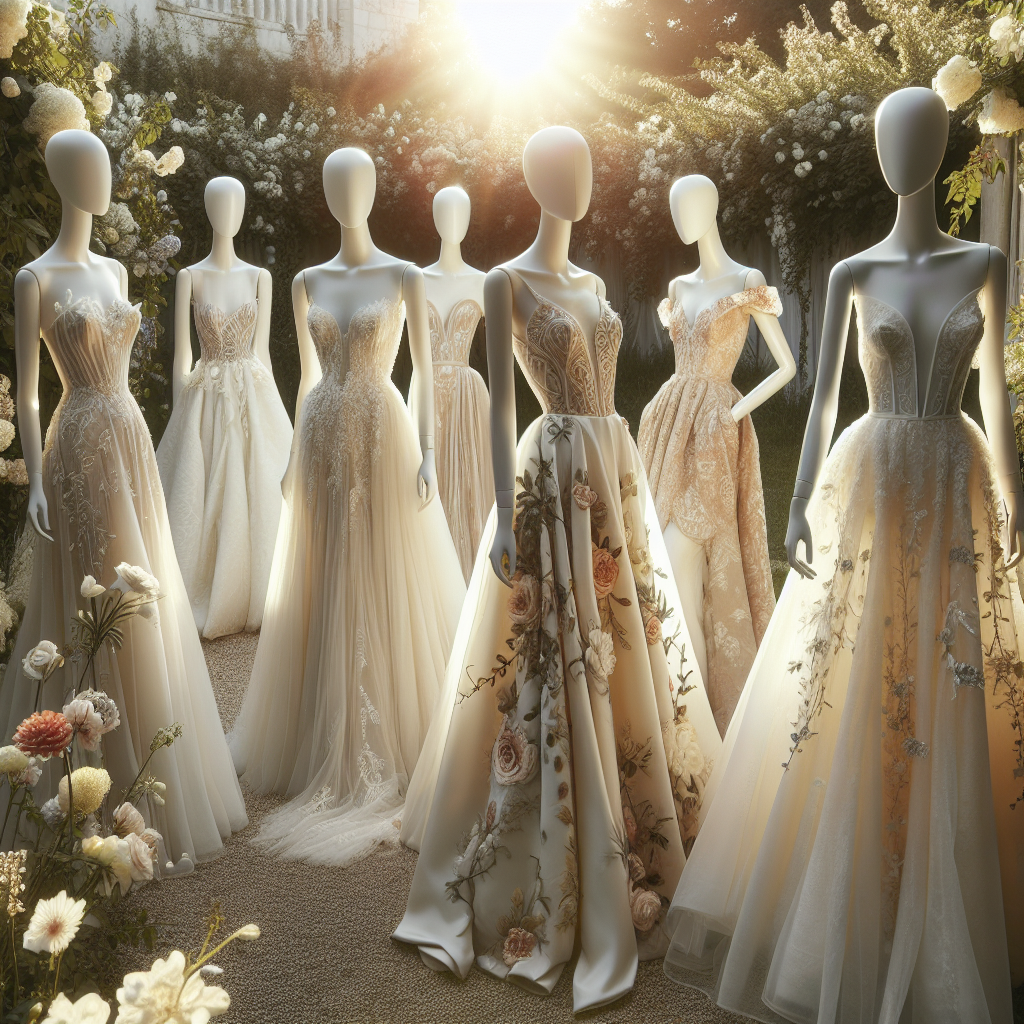 Beautiful summer wedding dresses distinguished by their effortless elegance. The image should showcase multiple silhouettes of gowns that emphasize lightweight fabrics and flowing textures suitable for warm weather. Consider including a variety of styles such as A-line dresses, sheath gowns and perhaps an off-shoulder number. Embellishments may include floral appliqu&eacute; or delicate lace patterns. The scene should be set in an outdoor garden setting with blooming flowers and soft sunlight to highlight the essence of a summer wedding. The dresses should be presented on faceless mannequins to keep the focus on the dresses. Please avoid including identifiable persons or copyrighted designs.