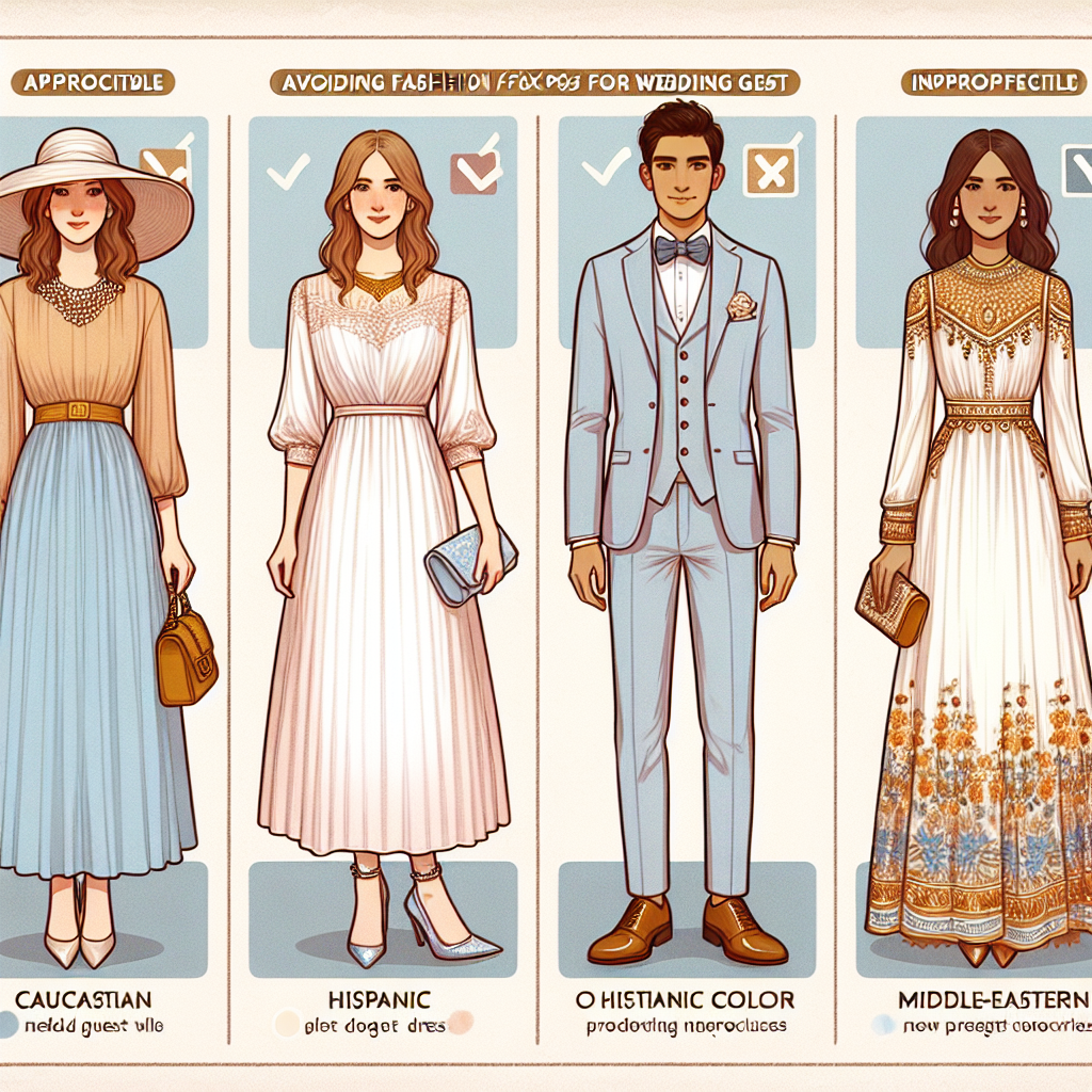 Illustrate an informative guide on avoiding fashion faux pas for wedding guest dresses. The scene includes three individuals of different descents - Caucasian, Hispanic, and Middle-Eastern, each illustrating a different style of wedding guest attire. The first individual, a Caucasian woman, is presenting a mid-length pastel color dress coupled with a hat and heels. The second individual, a Hispanic man, is showcasing a formal light-colored suit with a bow tie and shiny shoes. The third person, a Middle-Eastern woman, is wearing an elegant long dress with intricate embroidery. Also, include captions indicating appropriate and inappropriate choices for each style.
