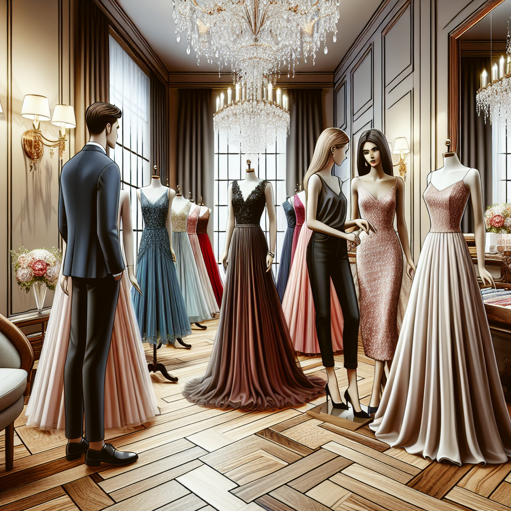 Where to Buy Stunning Wedding Guest Dresses Create an elegant scene of a boutique designed for wedding guests. In the scene, include various styles of stunning wedding guest dresses displayed on mannequins. These dresses can range from chic cocktail dresses to long flowing gowns in various colors and fabrics. They should be accentuated with tasteful accessories such as hats, purses, and jewelry. The setting should exude sophistication with polished wood floors, crystal chandeliers, plush fitting rooms and soft ambient lighting. A South Asian female boutique owner should be featured, interacting with a Caucasian male customer browsing through the collection.