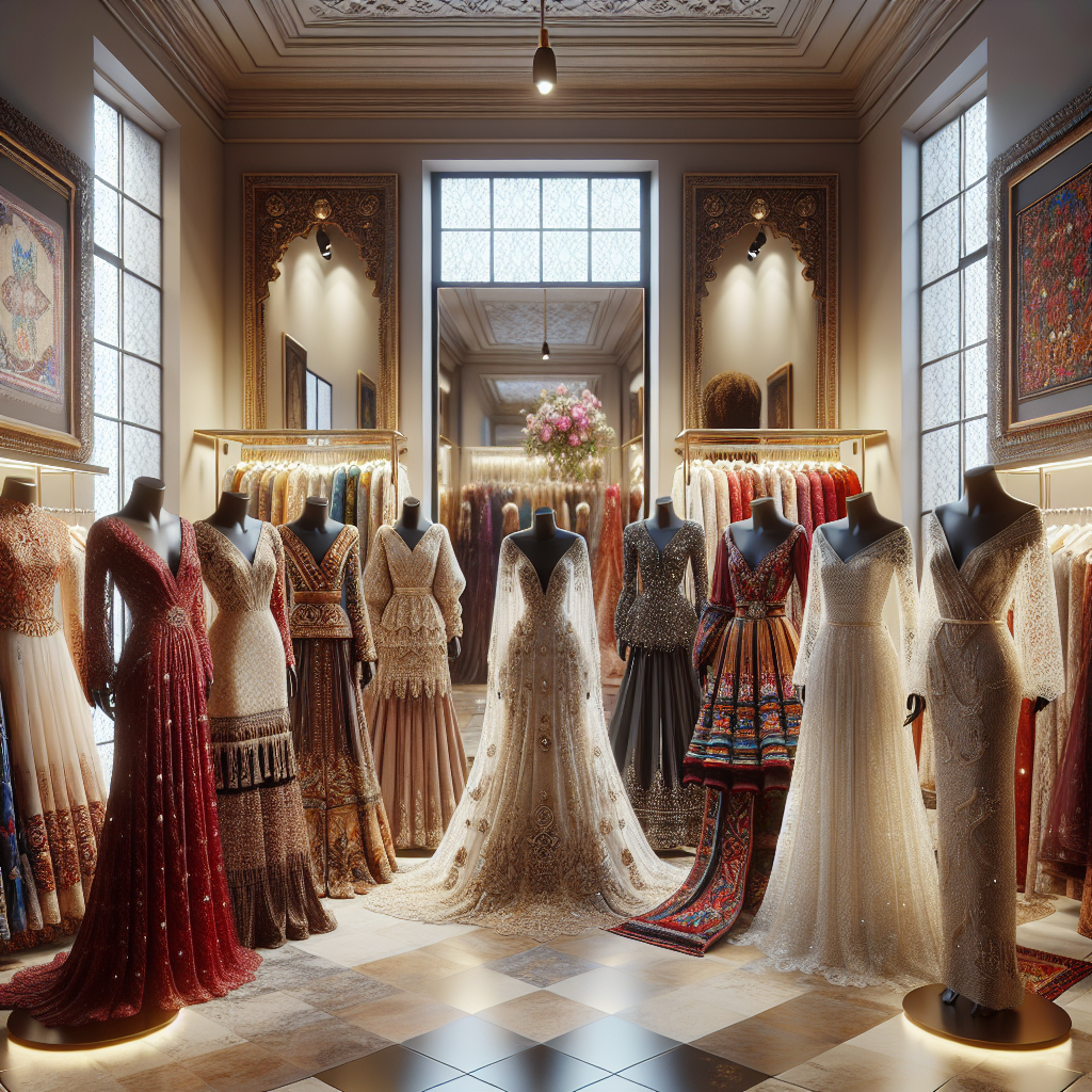Visualize a boutique interior featuring an array of stunning wedding guest dresses from various cultures and time periods. There's an opulent South Asian sari with detailed embroidery in gold thread, a classic Hispanic dress in deep red lace, a modern Middle-Eastern kaftan with intricate beadwork, a timeless African kitenge in vibrant patterns, and a classic Caucasian little black dress adorned with pearls. The dresses are displayed on mannequins of varying heights, creating a captivating cascade of colors and textures, under soft boutique lighting. There is a mirror on one side, reflecting similarities and differences in design and culture.