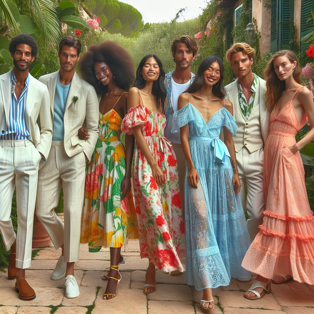Discover Must-Have Summer Wedding Guest Dresses Now! Imagine a vibrant scene at a summer garden wedding. A select collection of guests is dispersed across the scene, all wearing well-chosen summer wedding guest dresses. A Black woman dons a lightweight, bright floral print dress with a full skirt. An Asian man is in a casual linen suit featuring pastel hues. A Hispanic woman is dazzling in a coral lace dress with flutter sleeves while a Middle-Eastern man sports a crisp, off-white linen jacket. A South Asian woman carries elegance in an airy maxi dress in shades of ocean blue, and a white man showcases a relaxed, beach-inspired ensemble. All are embracing the joyous summertime celebration.