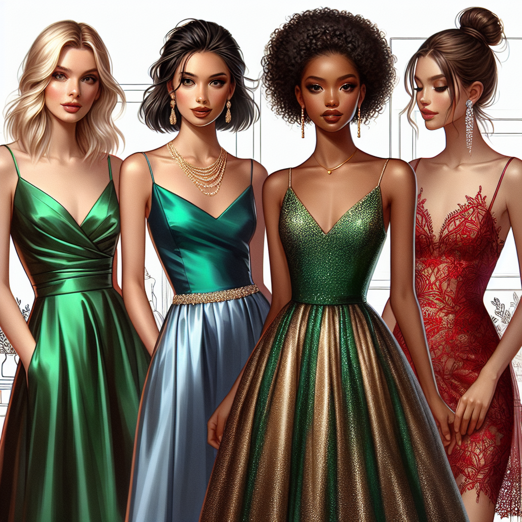 Visualize an array of elegant wedding guest dresses. The first one is an emerald green satin gown worn by a Caucasian woman with a sleek, blonde hair updo. The second is a royal blue midi dress donned by a Black woman with curly, raven locks. The third is a gold sequinned dress draped over a South Asian woman with straight, brown hair. Lastly, a petite, red, lacy number is modeled by a Hispanic woman sporting a high, brunette ponytail. All these dresses are displayed against a chic, online boutique backdrop.