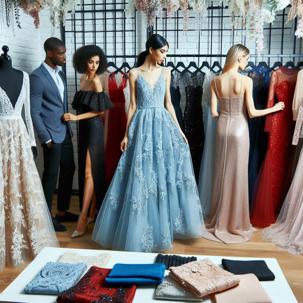 An appealing boutique scene featuring a variety of stunning wedding guest dresses. The dresses span across an array of styles, accessories, and colours. Think lace, satin, florals, and sequins. Some are long and floaty; others are short and chic. A South Asian woman examines a sky-blue A-line dress with intricate embroidery, a black man is admiring an elegant deep red cocktail dress, while a Middle-Eastern woman has her eye on a sleek sequined gown. The ambiance encourages effortless shopping with beautiful lighting and organized displays.