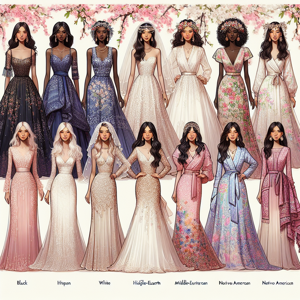 Discover Stunning Wedding Guest Dresses Here Picture illustrating a spectrum of impressive dress designs ideal for a wedding guest. Display a line-up of six women, each with different ethnic backgrounds: Black, Hispanic, White, Middle-Eastern, Native American, and Asian, all appearing in dresses that echo their unique styles and cultures. Each dress should display intricate detailing, lush fabrics, and personalized color palettes that range from pastel hues to vibrant colors. Stack the image with a sense of celebration, elegance, and diversity. Include a vibrant background of blossoming flowers to accentuate the wedding theme.