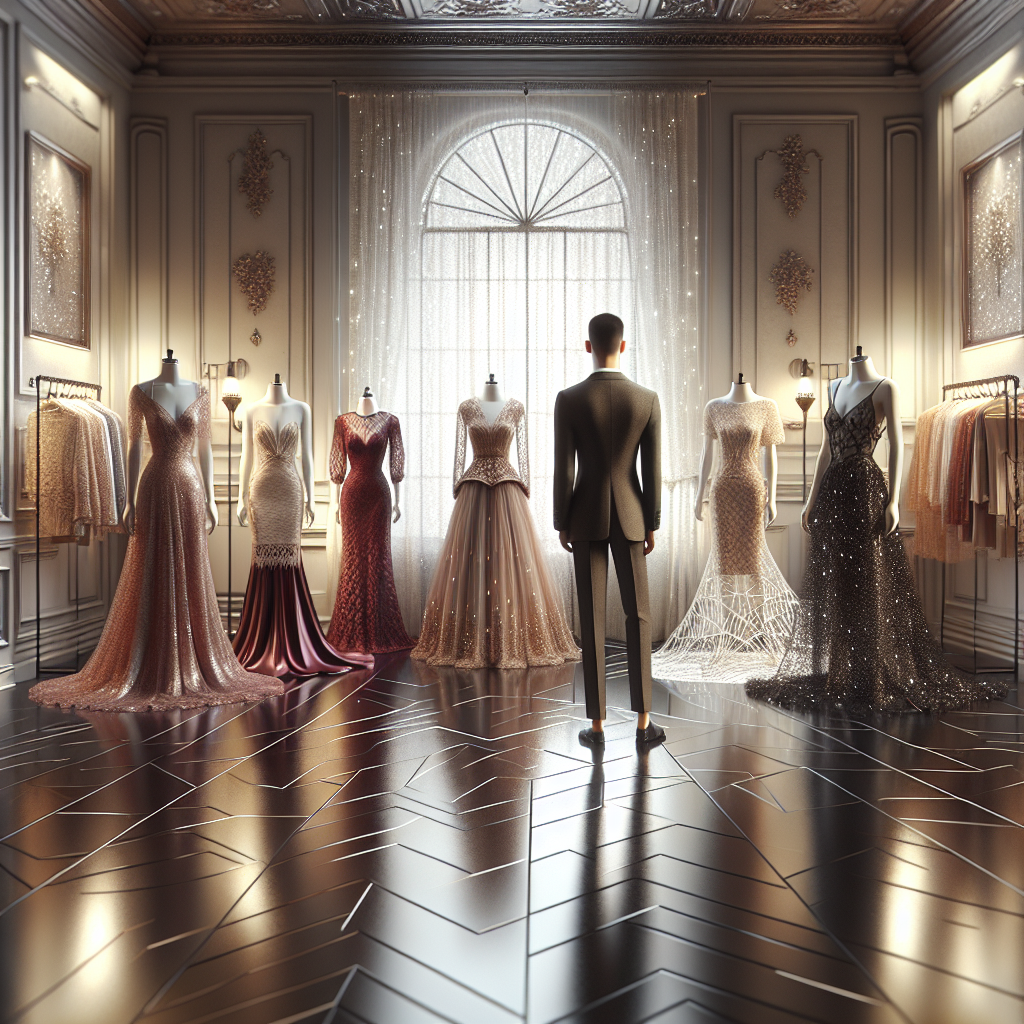 Visualize a high-end fashion boutique impeccably arranged with a variety of wedding guest dresses. In the forefront, highlight three different styles: a sophisticated wine red silk dress, an elegant lace ensemble in champagne color, and an avant-garde geometric patterned dress in black and white. The boutique is gracefully lit, with subtle sparkles reflecting off the dresses, enhancing their beauty. A soft, Romanesque window delicately filters light onto a glossy, polished oak floor. This scene is emphasizing a diverse selection for guests of different ages and styles. The guests' ethnicity and gender vary: a South Asian woman, a Hispanic man, and a Caucasian non-binary individual.