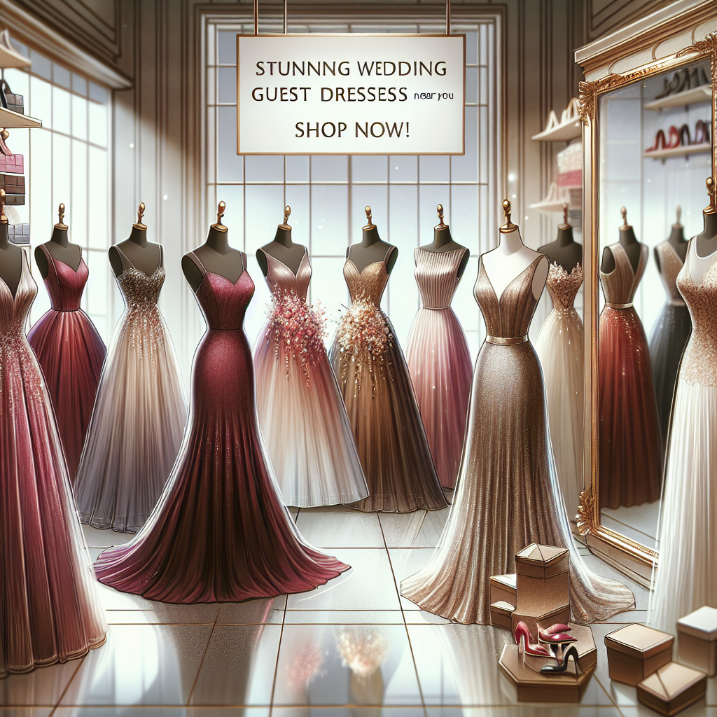 Stunning Wedding Guest Dresses Near You: Shop Now! Imagine a beautiful display of wedding guest dresses. Picture an array of designs, from simple and elegant to intricate and bold. These dresses vary in color, some are deep burgundy, while others are pastel pinks or shimmering golds. Each dress complements different body types, some are A-line, featuring a fitted bodice that flares out towards the ground, while others are sheath dresses clinging perfectly to the figure. A sign is hung overhead, exclaiming, 'Stunning Wedding Guest Dresses Near You: Shop Now!' Surrounding the dresses are mirrors reflecting the stunning designs, creating an enticing invitation for onlookers to try them on.