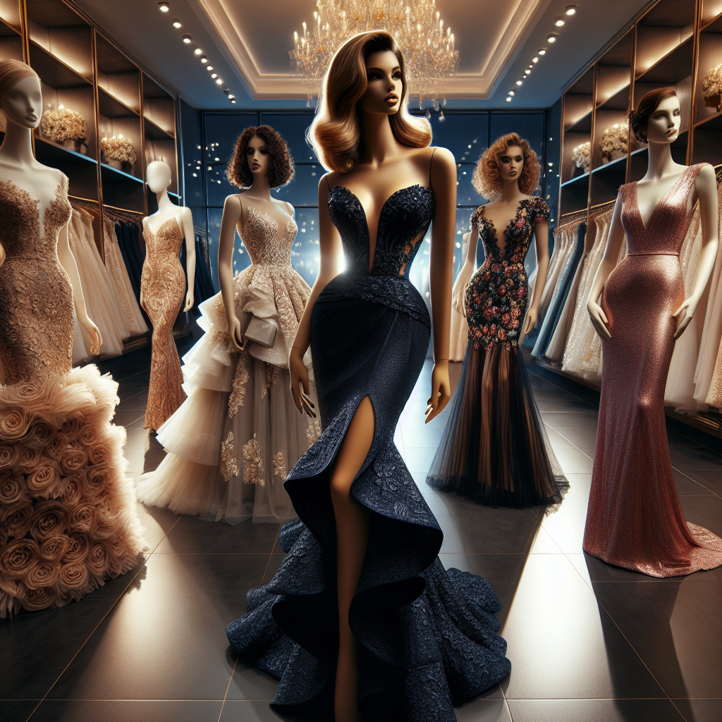 Imagine a beautifully lit, upscale boutique with an array of luxurious wedding guest dresses on display. Your eye is immediately drawn to a captivating gown, a piece of art in itself. It totes a plunging neckline, cascading ruffles made of soft chiffon, and glistening in subtle hues of navy blue. Additionally, an elegant dress, featuring stunning floral lace appliques, mermaid silhouette, and delicate champagne tint, and a trendy cocktail dress, fitted at the waist in radiant fuchsia with bold and modern patterns, stand out. Finally, a mannequin showcasing a sophisticated, curve-hugging black dress with a daring thigh-high slit and a plunging V-neckline. A picture of elegance and fashion diversity for all women around the world.