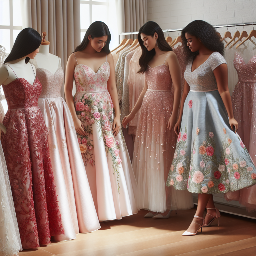 Must-Have Plus Size Wedding Guest Dresses A collection of elegant plus size wedding guest dresses displayed in a boutique setting. The dresses have various designs and colors, with some featuring floral patterns, others pure satin, some with lace detailing and several with sequins. Depict diversity by including a South Asian woman admiring a red A-line dress, a Middle-Eastern woman trying on a pastel pink sequined gown and a Black woman appreciating a flowery blue dress. The overall ambiance exudes elegance, femininity and inclusivity, highlighting the joy of celebrations and the beauty of varying body sizes.
