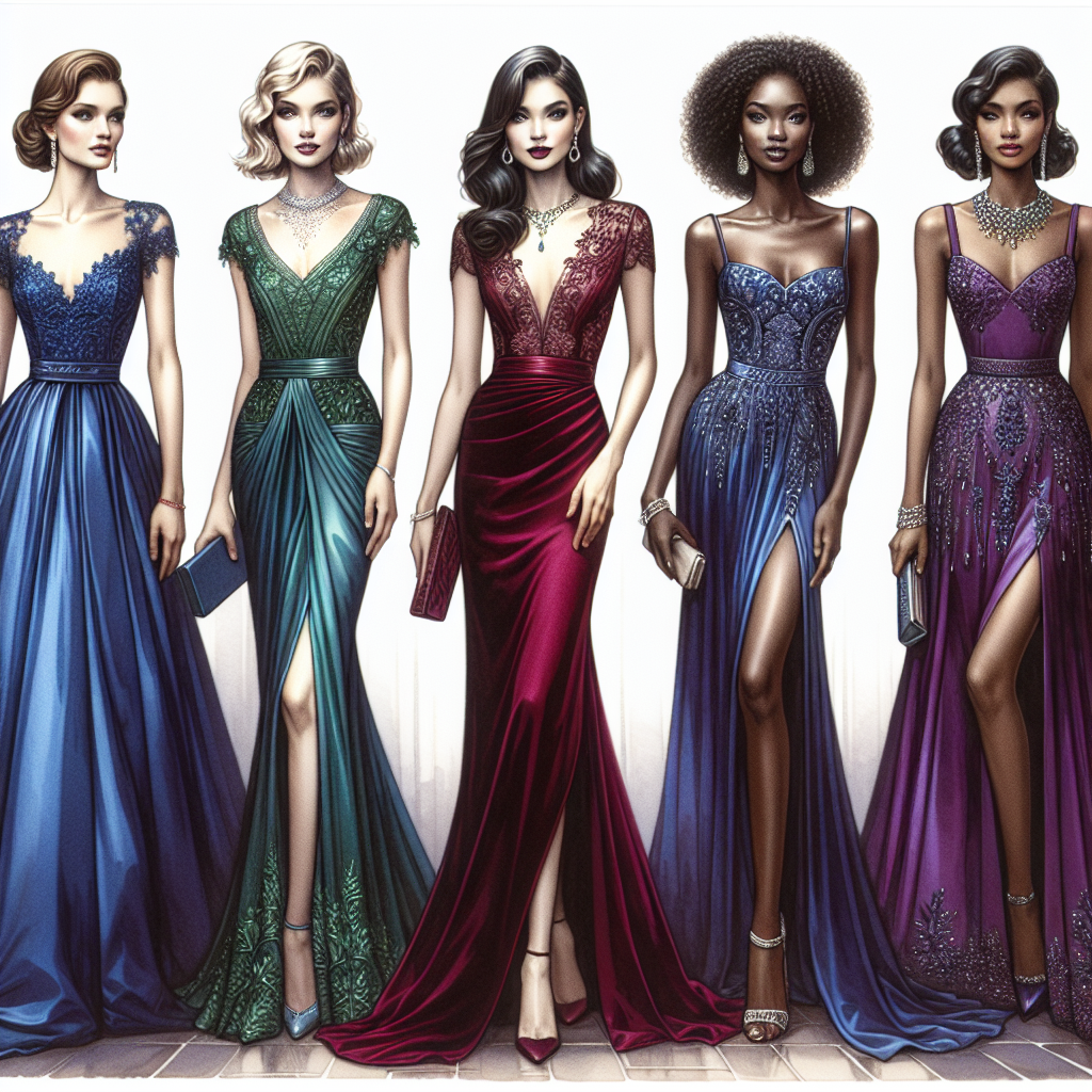Stunning Colors for Effortless Wedding Guest Dresses Prepare to be drawn in by an artistic representation of a luxurious fashion show. Displayed are four elegant women, each of different descent, showcasing stunning wedding guest dresses. The Caucasian woman wears a sapphire blue silk gown that flows gracefully to the floor. The Hispanic woman gleams in an emerald green dress with delicate lace details. The Black woman is a vision in a ruby red velvet dress with a tasteful slit. Finally, the South Asian woman glows in a dress of amethyst purple, adorned with intricate beadwork. Each dress possesses an exquisite color that shines effortlessly in the spotlight.