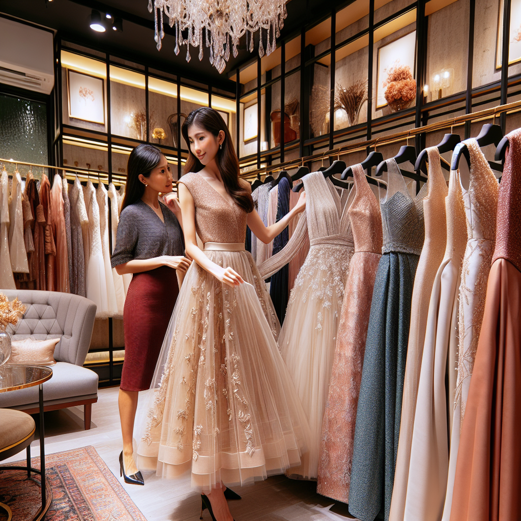 Picture a bustling boutique in Singapore known for its exquisite collection of wedding guest dresses. Display a range of dresses, varying in styles and colors. Include a classic cocktail dress, an elegant A-line gown, and a chic midi dress, each designed with intricate detailing to portray the rich fusion of Eastern and Western fashion influences. A South Asian saleswoman is thoughtfully arranging the dresses, while a Hispanic woman keenly observes, trying to make her selection. Accentuate the warm lighting and the sophisticated decor of the boutique.