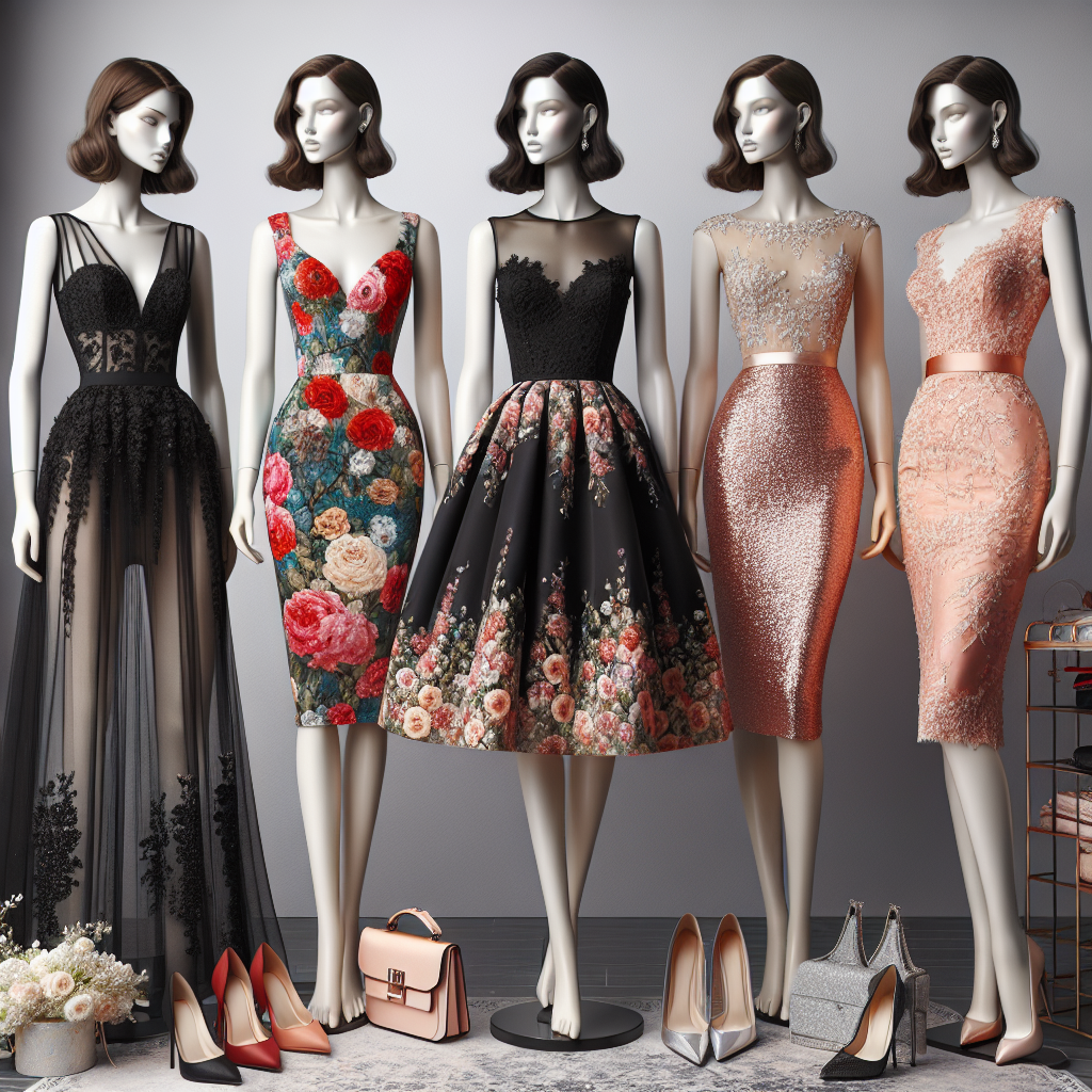 Stunning Designer Dresses for the Perfect Wedding Guest Look Display a variety of stunning designer dresses suitable for wedding guests. Showcase four distinct styles: a floor-length, black, tight-fitted dress; a bright, floral mid-length dress; a sparkling, short, champagne-colored dress; and a sophisticated, coral pencil dress with lace detailing. Display each dress on a dress mannequin. Include the setting of a chic boutique store with various accessories like handbags and jewellery scattered in the background. Pay attention to the different fabrics and textures of each dress.