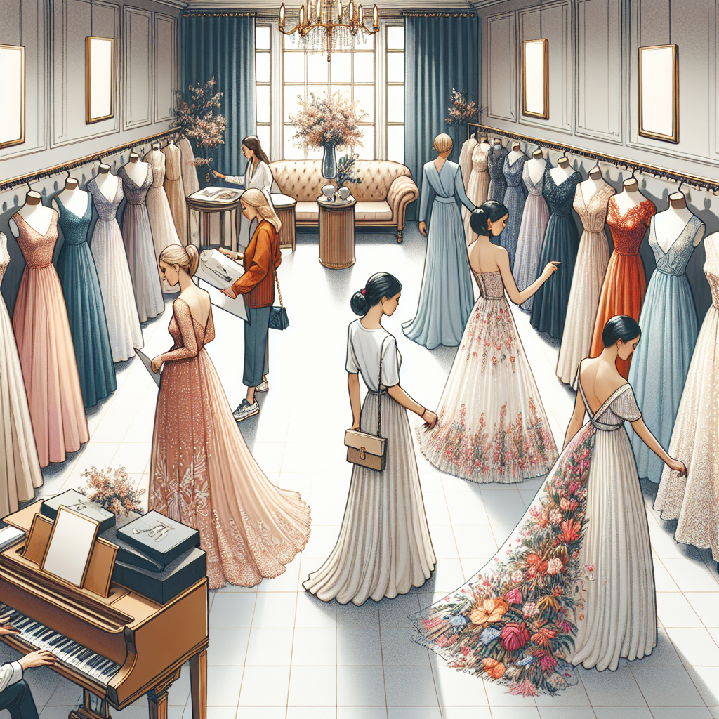 Find Stunning Wedding Guest Dresses In-Person Visualize a meticulously laid out boutique store full of elegant wedding guest dresses. Each dress is significant: from lightweight chiffon frocks adorned with embroidered details to vibrant silk dresses with refined necklines. The store is busy with diverse customers inspecting the dresses: a Caucasian woman admiring a satin number, a Middle-Eastern man scrutinizing a lace dress, and a South Asian non-binary individual opting for a long, floral-printed dress. The piano in the corner, lavish fitting rooms and a helpful store assistant add to the atmosphere of the boutique.