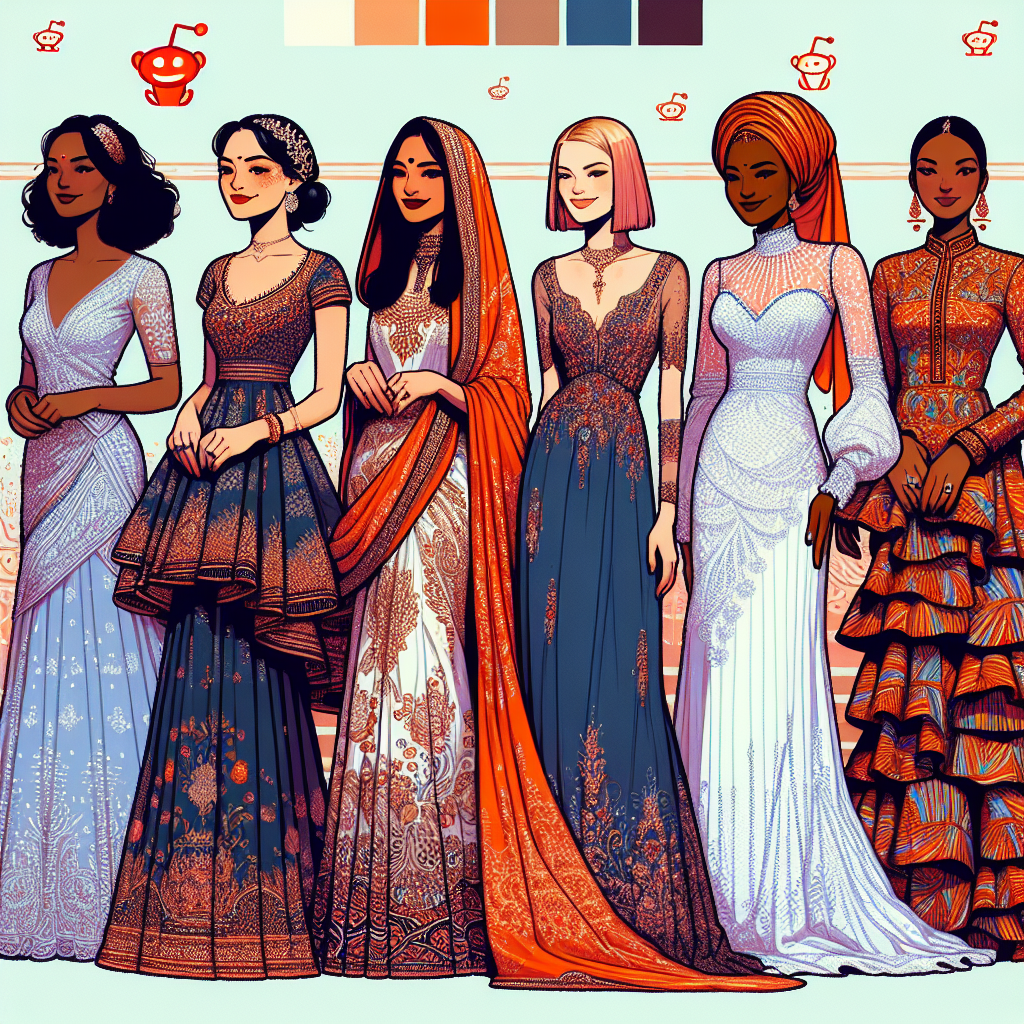 Discover Stunning Wedding Guest Dresses on Reddit Illustrate a variety of beautiful, intricately designed wedding guest dresses from various global influences. The image must include five women each of a unique descent: a South Asian woman in a richly embroidered saree, a Middle-Eastern woman in a vibrant abaya, a Caucasian woman in a stylish cocktail dress, a Hispanic woman wearing a ruffled flamenco-inspired dress, and a black woman wearing a chic ankara print dress. To embed the tone of online discovery, incorporate elements of the Reddit logo like the color palette and the upvote icon subtly in the background.