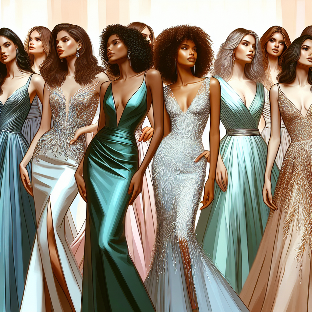 Focus closely on a magnificent display of a variety of unique and stunning wedding guest dresses. These dresses should convey the epitome of style and elegance. To diversify the image, depict the dresses as worn by five different women, each representing a different descent: Caucasian, Hispanic, Black, Middle-Eastern, and South Asian. Their physique should differ as well - petite, athletically built, curvy, tall and slender, and plus size. Ensure the image embodies the joy and excitement of attending a wedding and the intricate clothing details that make each dress a must-have.
