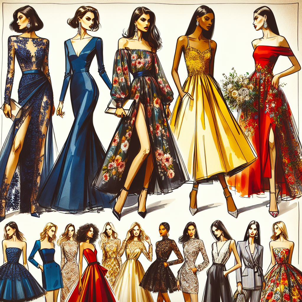 Picture a stylish scene displaying an array of must-have wedding guest dresses. Imagine a five various dresses: The first, an elegant evening gown for a Hispanic woman, with long-sleeves and deep navy-blue shade; the second, a cocktail dress adorned with floral prints for a Caucasian woman; the third, a bright yellow summer dress for a Black woman, exemplifying splendid sophistication; the fourth, a traditional sarong for a South Asian woman, decorated with intricate embroidery; and finally, a sleek red dress for a Middle-Eastern woman, embracing contemporary fashion trends. The scene should depict diversity, celebration, and high fashion.