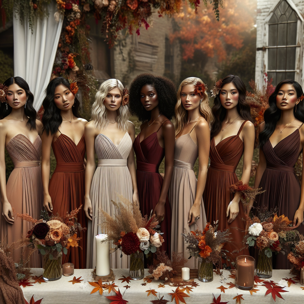 Stunning Fall Bridesmaid Dresses: Affordable & Chic Create a tasteful and dynamic scene incorporating a group of bridesmaids adorned in chic, affordable dresses that exemplify the fall season. In the image, different descent of women including but not limited to, Caucasian, Asian, Hispanic, Black, and Middle-Eastern can be seen. Each bridesmaid's attire should include hues such as burgundy, orange, and taupe, showcasing the warmth and beauty of fall. In the background, hints of an outdoor wedding venue with autumn leaves and rustic decor set the perfect stage. The composition should evoke the feelings of warmth, celebrating diversity, and the bliss of a fall wedding